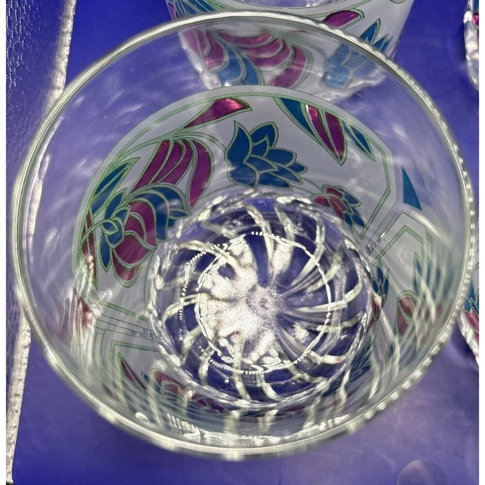 Vintage Italian Rock Glasses Set Of 4 Magenta Blue Floral Art Nouveau